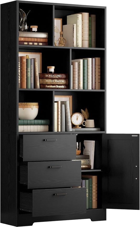 IRONCK Bookshelf, 70.9 Inch Tall Bookcase, Black Book Shelf with Doors and 3 Drawers, 3-Tier Bookshelves with 6 Open Cubes for Home Office, Living Room, Study
