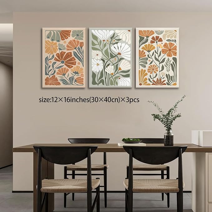 KISSFOX 3 Piece Framed Wall Art Floral Wall Decor Flower Canvas Art Green Beige Yellow Pictures Abstract Paintings Boho Prints Modern Artwork For Bedroom Bathroom Living Room