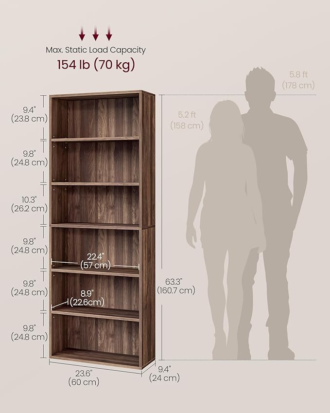 VASAGLE Custos Collection - Bookshelf, 6-Tier Bookcase, Book Shelf, Open Storage Shelf, 9.4 x 23.6 x 63.3 Inches, for Living Room, Home Office, Dining Room, Natural Walnut ULBC166K01