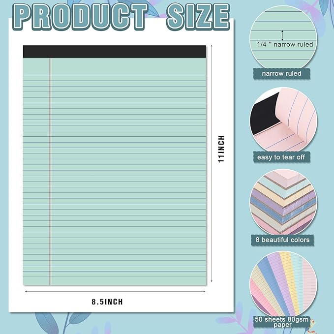 Fuutreo 8 Pcs 8.5'' x 11'' Colored Legal Pad 50 Sheets Per Writing Pads Narrow Ruled Notepad Perforated Writing Notepad Office Supplies for College Office Business (Childlike Color)