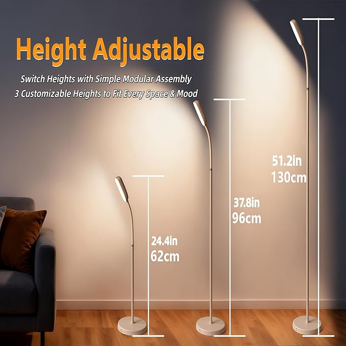 Cordless Portable Floor Lamp, Adjustable Gooseneck with Touch Switch, 3 Color Modes, Lightweight & Rechargeable for Living Room, Bedroom, Office, Reading, Camping, RV, Piano, Indoor Outdoor-White