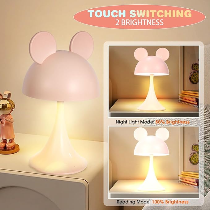 Rechargeable Mouse-Shaped LED Bedside Lamp – Kids Room Night Light with Touch Dimming & 3 Color Temperatures (Pink)