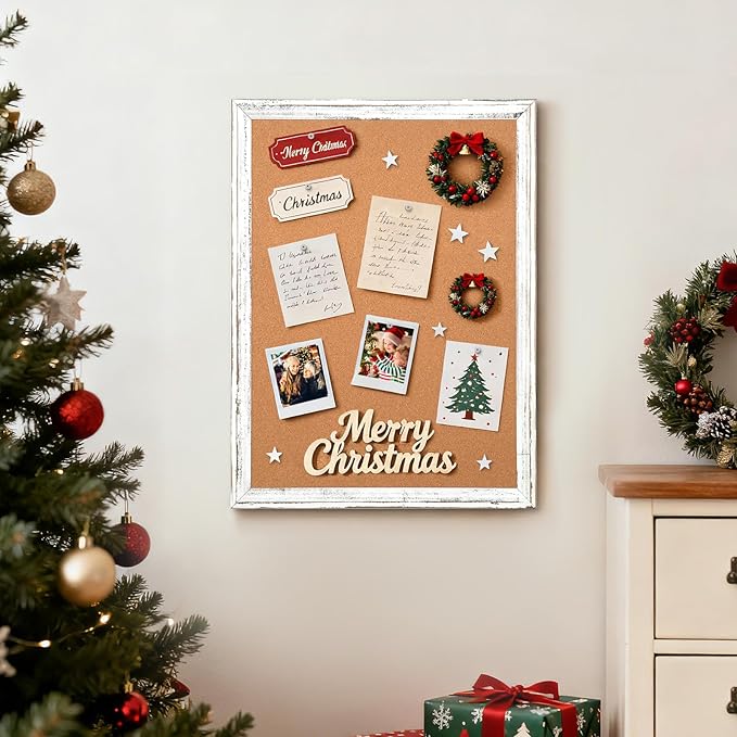 Cork Board Bulletin Board, 24" x 18" Corkboard for Wall, Rustic Wooden Frame, Decorative Hanging Pin Board for Office Home School Decor