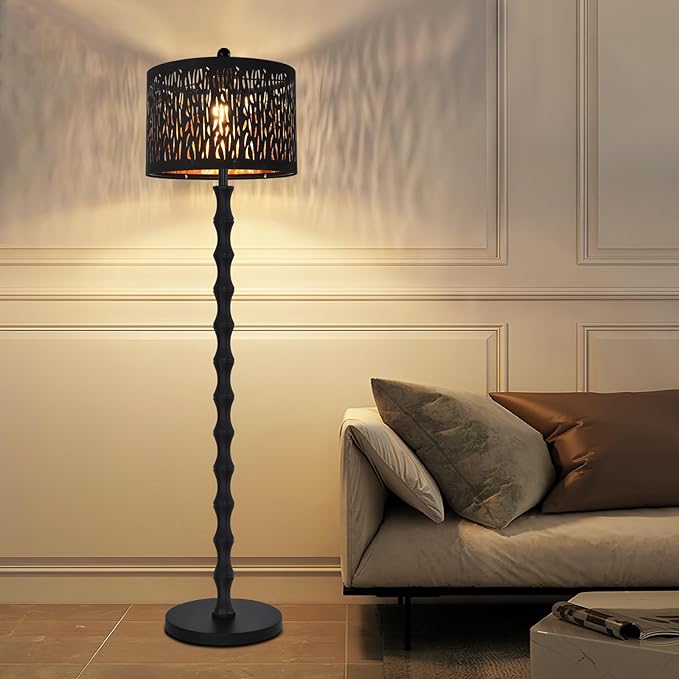 Black Floor Lamp for Living Room Bedroom,Farmhouse Rustic Tall Lamp,Vintage Modern Standing Lamp with Unique Drum Lampshade,Gothic Mid Century Iron Floor Lamp for Office Corner(Bulb Included)