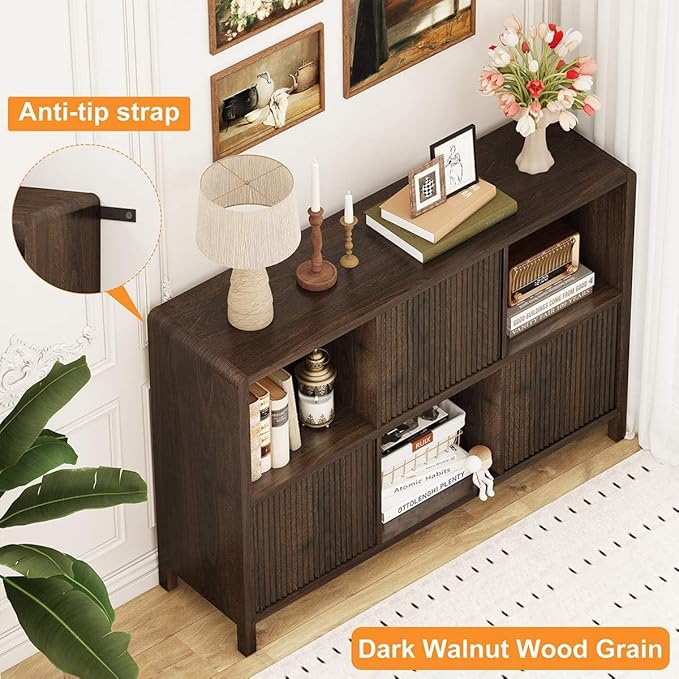 FATORRI 6 Cube Storage Organizer Book Shelf, Horizontal Bookshelf with 3 Doors, 3 Tier Wooden Bookcase for Living Room, Home Office (Dark Walnut)