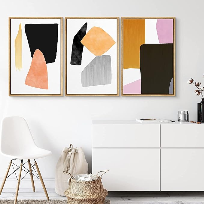 SIGNFORD Framed Wall Art Print Set Orange, Black & Purple Polygons Abstract Shapes Digital Art Modern Art Contemporary for Living Room, Bedroom, Office - 24"x36"x 3 Panels Natural