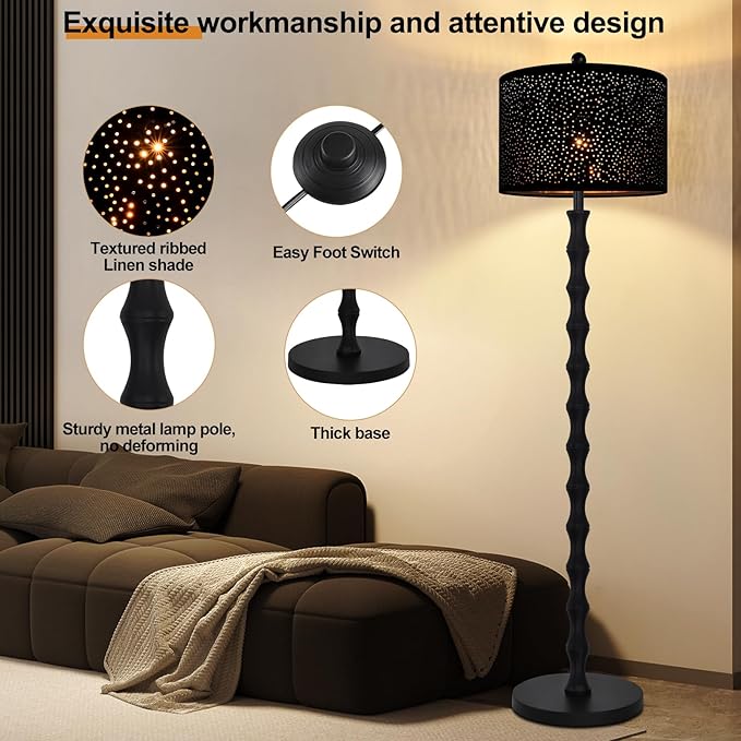 Gothic Black Floor Lamp for Living Room Bedroom,Vintage Standing Tall Lamp with Drum Lampshade,Farmhouse Unique Floor Lamps,Modern Mid Century Iron Floor Lamp for Office Corner(Bulb Included)