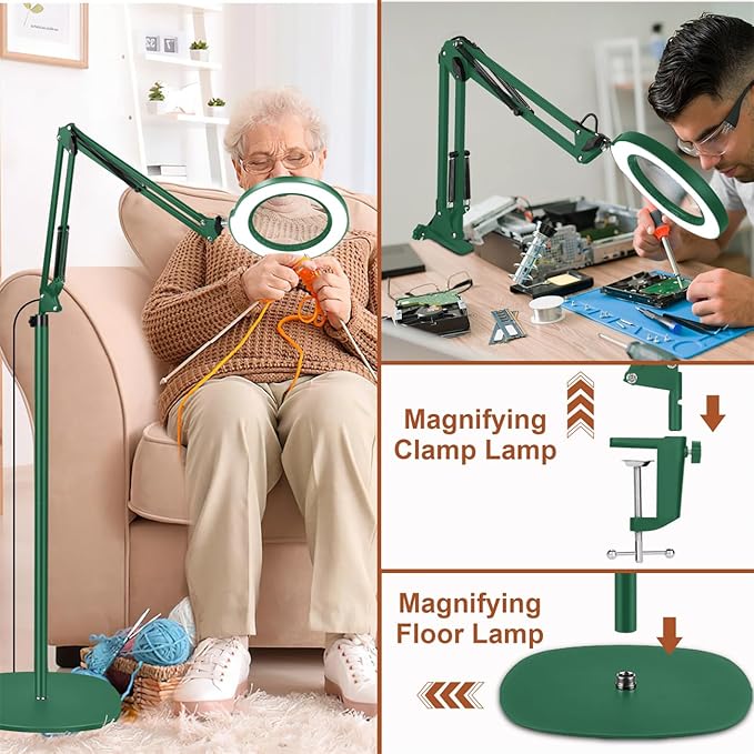 LANCOSC 10X Magnifying Glass with Light and Stand, 3-in-1 Adjustable Swing Floor Lamp, 5 Color Modes Stepless Dimmable, LED Lighted Hands Free Magnifier & Clamp for Reading, Crafts, Painting - Green