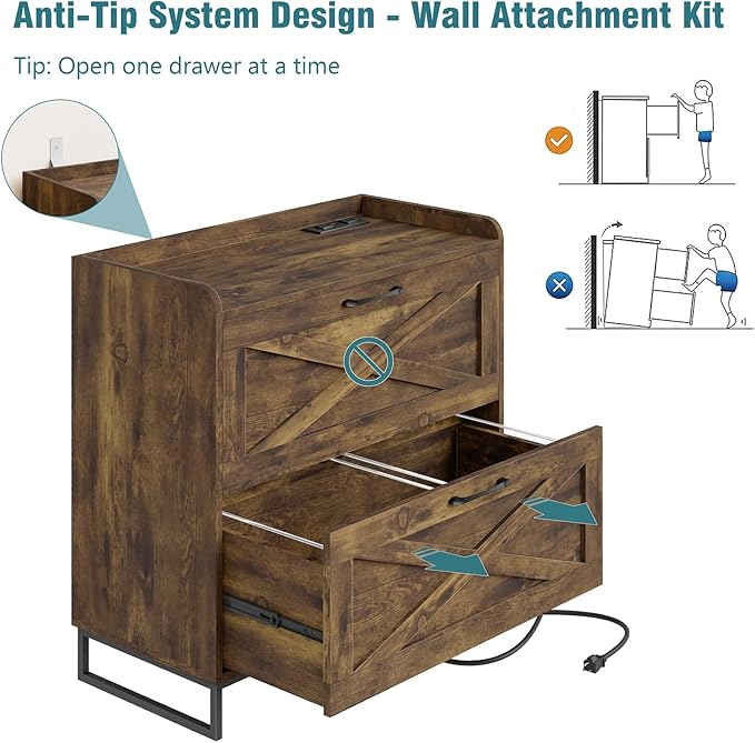 2 Drawer Lateral File Cabinet, Filing Cabinet with Charging Station for Letter/Legal/A4 Size Hanging Files, Modern Farmhouse File Storage Cabinet for Home Office, Printer Stand with Storage, Brown