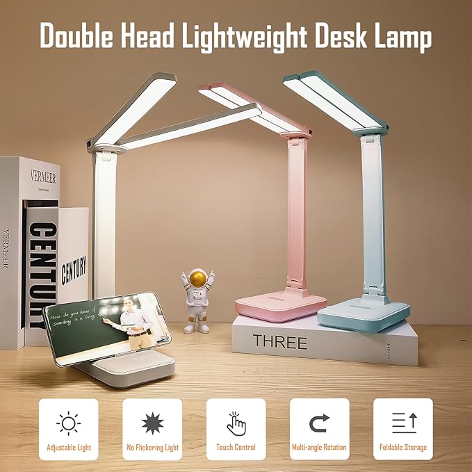 LED Double Head Desk Lamp, Rechargeable Portable Table Lamp, Adjustable Light Color and Brightness, USB Powered, LED Light for Work, Reading, Emergency (Blue)