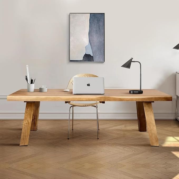 Solid Wood Desk 55 inches, Live Edge Wooden Home Office Computer Desk Modern Simple Design for Writing, Study, Dining, Gaming