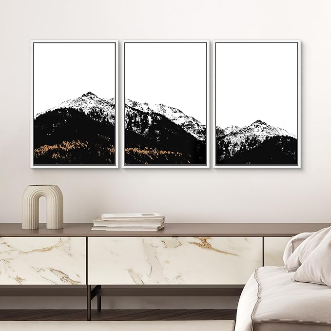 SIGNWIN 3 Piece Framed Canvas Wall Art Black and White Mountain Tops Photo Nature Wilderness Illustrations Abstract Traditional Home Artwork Decoration for Living Room,Bedroom - 16"x24"x3 White