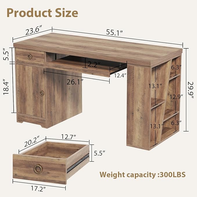 HSH 55 Inch Executive Office Desk with Drawers, Farmhouse Computer Desk with Keyboard Tray and Storage, Rustic Wood Work Study Writing Pc Table Studio Desks Home Workstation with Shelves and Cabinet