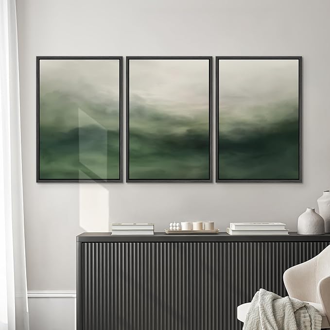 SIGNWIN Framed Canvas Print Wall Art Set Abstract Green Misty Landscape Illustrations Modern Art Decorative Boho Relax/Zen Nordic for Living Room, Bedroom, Office - 24"x36"x3 Black