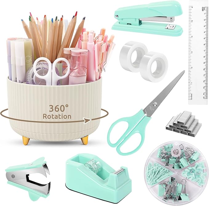 Office Accessories, 10Pcs, 360-Degree Rotating Pen Holder, Office Supplies Include Stapler, Tape, Tape Holder, Scissors, Ruler, Staple Remover, 1 Box of Staples, Paper Clips Kit for Office School