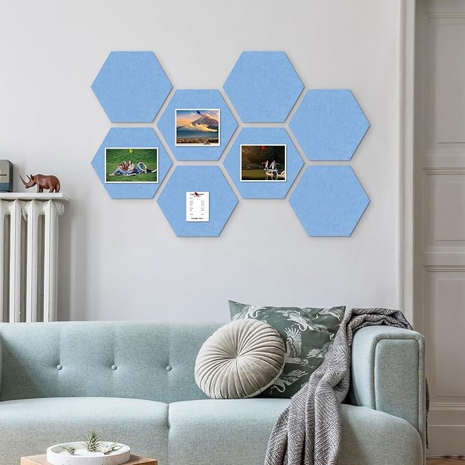8-Pack Hexagon Felt Cork Board, 1/2" Thick Felt Bulletin Pinboard with 80 Push Pins, Adhesive Tabs, Geometric Cork Wall Tiles for Photos, Memos, Home & Office Decor (Sky Blue)