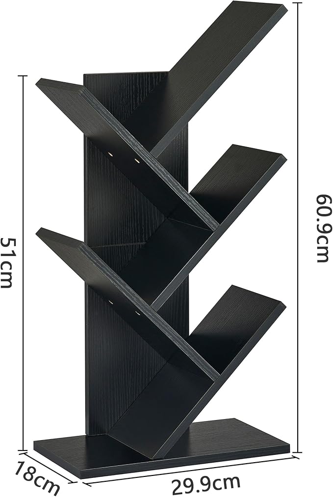 Hoctieon 4 Tier Tree Bookshelf, 4 Shelf Bookcase, Free Standing Tree Bookcase, Display Floor Standing Shelf for Books, Book Organizer Shelves for Home Office, Living Room, Bedroom, Black