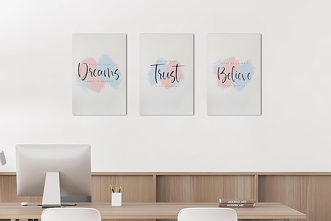 3 Piece Office Canvas Wall Art, Motivational Quotes Dreams Trust Believe Print Pictures Wall Decor for Office, Women Inspirational Framed Artwork Home Office Decor 12"x18" x 3 Pcs