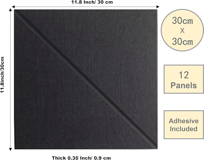12-Pack Black Felt Wall Tiles(11.8“x11.8”Each), 47"x35" Aesthetic Bulletin Pin Board, Large Cork Board Alternative for Office, Classroom & Wall Decor
