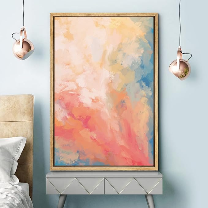SIGNFORD Framed Canvas Print Wall Art Vibrant Pastel Paint Stroke Mosaic Abstract Shapes Digital Art Modern Art Decorative Colorful Zen Multicolor for Living Room, Bedroom, Office - 16"x24" Natural