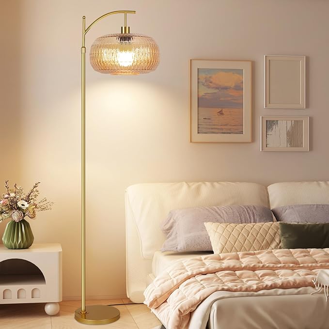 Glass Floor Lamp for Living Room,Bedroom,Gold Dimmable Standing Lamp with Remote,Mid Century Modern Brass Tall Lamp Retro Vintage Lamp Floor Light Boho Bohemian