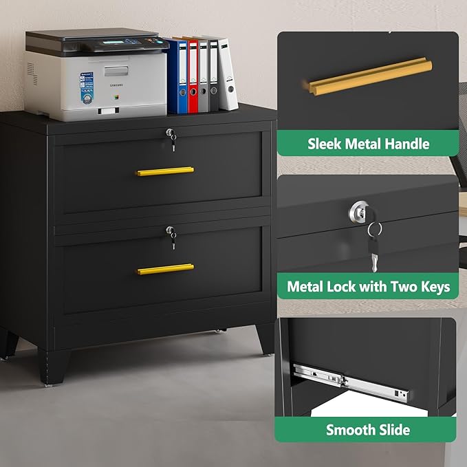 Metal Lateral File Cabinet with Lock,2 Drawer Steel Wide Filing Organization Storage Cabinets,Filing Cabinet for Legal/Letter/A4/F4 Size with Hanging Files&Key,Lockable Cabinet for Home Office