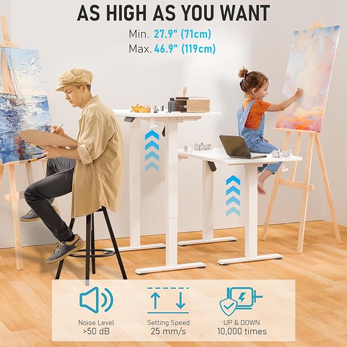 48" x 24" Electric Standing Desk, Adjustable Height Sit Stand Desk with 3 Preset Heights & 2 Hook, Electric Desk for Home Office Gaming, White