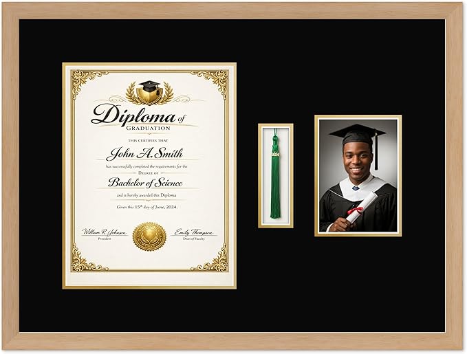 CountryArtHouse Diploma Tassel and Photo Shadowbox Fits 10 x 13 College Diploma (Portrait Traditional) Wit Natural Wood Genuine Hardwood with Black Over Metallic Gold Double mat