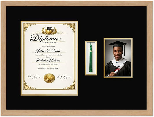 CountryArtHouse Diploma Tassel and Photo Shadowbox Fits 10 x 13 College Diploma (Portrait Traditional) Wit Natural Wood Genuine Hardwood with Black Over Metallic Gold Double mat