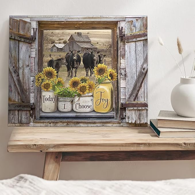 Parylore Sunflower Mason Jars on Rustic Window Wall Art Angus Cows Kitchen Decor Farmhouse Picture Framed Modern Artwork For Living Room Bedroom Home 12x16 In