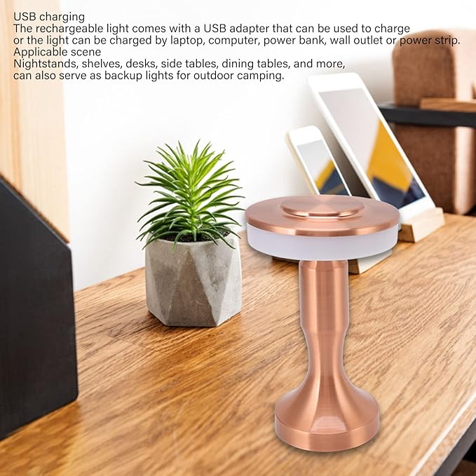 3W LED Table Lamp, 3 Color Temperatures Dimmable Rechargeable Cordless Desk Lamp, Portable Bedside Lamp with Touch Sensor for Dining Room (Copper), Locadence7ty1eqdfx0-13
