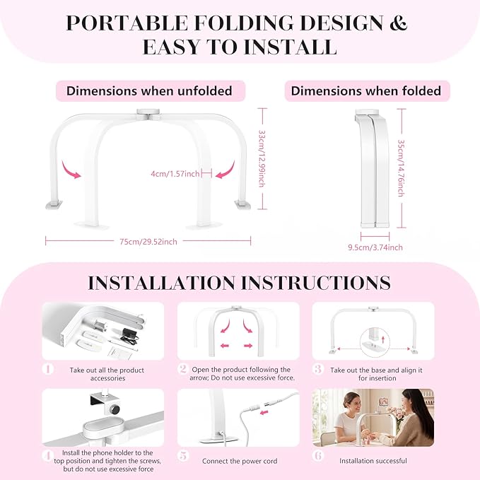 LIONVISON Half Moon Light for Nail Desk: 29" Larger Arch Nail Light for Nail Tech - Foldable Half Moon Nails Desk Lamp with Phone Holder for Home Salon - 3 Color Modes & 10 Brightness for Beginner