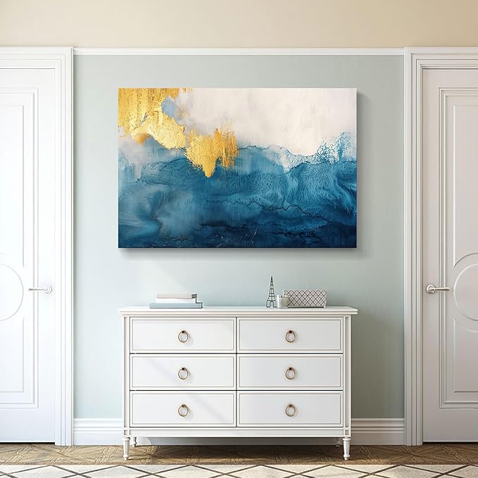 gaosoul Modern Canvas Wall Art Blue Gold Leaf Abstract Painting Prints Minimalism White and Light Blue Tranquility Poster for Living Room Bedroom Office Decor Framed 48x32in