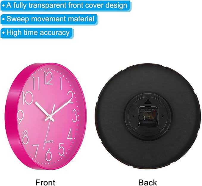 PATIKIL 12 Inch Wall Clock, Battery Operated Silent Non-Ticking Round Wall Clocks for Office Bedroom Decorative, Pink