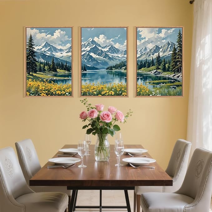 Large Snow Mountain Wildflower Framed Canvas Wall Art,Pine Tree Woodland Wall Decor,Forest Floral Lake Wall Painting,Scenery Artwork for Living Room,Bedroom,Dining Room,Office -16"x24"x3