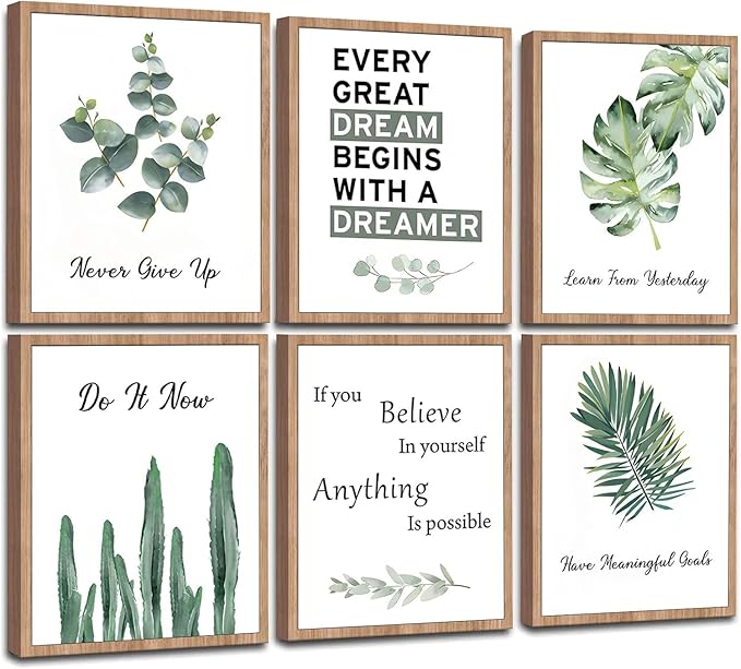 6pcsOffice Inspirational Botanical Canvas Wall Art Eucalyptus Leaves Sage Motivational Quotes Painting Picture Wall Decor Never Give Up Poster Print Artwork For Classroom Bedroom Home Decoration