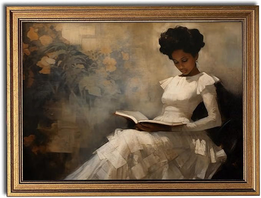 Gold Framed Wall Art Vintage Canvas Wall Art African American Black Girl Reading Book Artwork Prints Picture for Living Room Bedroom Farmhouse Bathroom Office Decor, 16x24