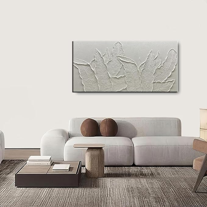 YaSheng Art- Wall Art Oil Paintings ,Modern Tropical Palm Leaf Wall Art, Handmade 3D Textured Relief White，Modern Minimalist Wall Art Abstract Artwork painting, Wall Art for living room Bedroom Wall Deco Home, Framed Wall Art Pictures 24X48 Inches