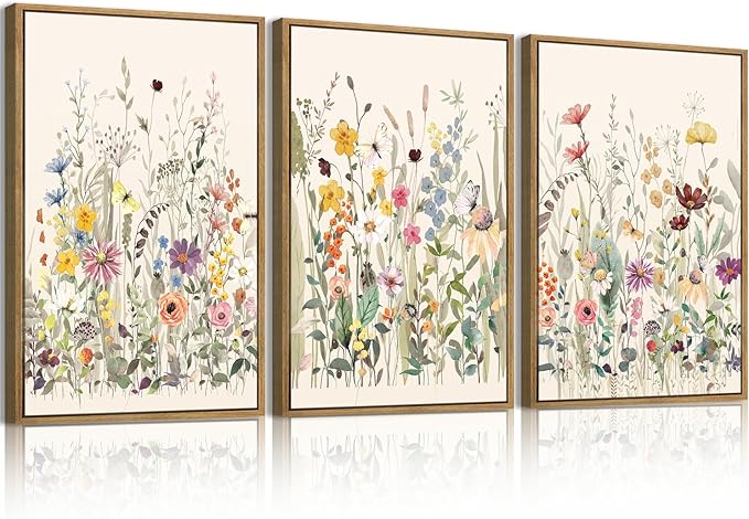 BINCUE Wildflower Wall Art Large Floral Wall Painting Neutral Print Pictures Decor Flower Artwork 36x24 Inches Framed Wildflowers Paintings Flower Wall Decor for Living Room Bedroom Bathroom Farmhouse Set of 3