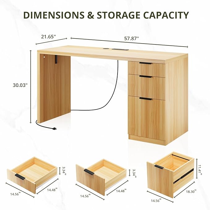 FURSUN 58" Home Office Desk with Power Outlet & File Cabinet, Modern Fluted Executive Desk with 3 Storage Drawers, Large Computer Workstation for Study & Bedroom, Oak
