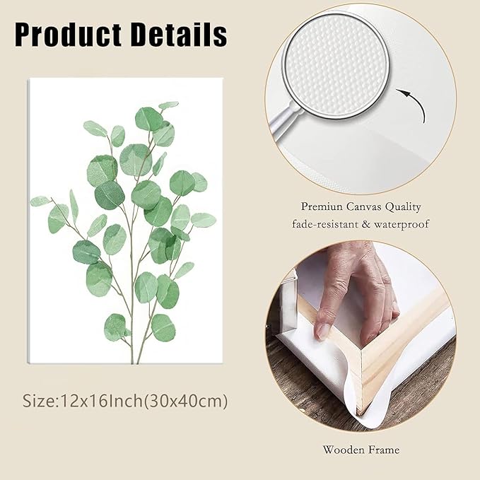 Bwodke Botanical Wall Art Plant Floral Watercolor Poster Canvas Prints Set of 3 Framed Sage Green Painting Eucalyptus Leaf Picture Modern Minimalist Home Decor Bedroom Bathroom Living Room 12"x16"