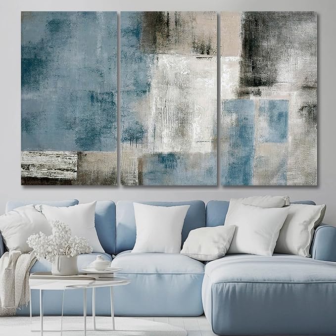 SDYA Large Blue Abstract Wall Art Set Of 3 Canvas 24x48 In,Modern Blue Grey Minimalist Painting,Contemporary Wall Decor Pictures for Living Room