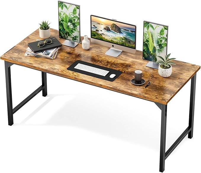 Sweetcrispy Small Computer Desk,63 Inch Office Writing Work Desk with Metal Frame Wooden Tabletop, Student Study Home Bedroom Table with X-Shaped Reinforcement, Brown