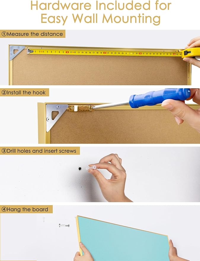 Bulletin Board 30 x 20 inches, Dark Blue Pin Board, Golden Aluminum Framed Fabric Cork Board with 10 Push Pins