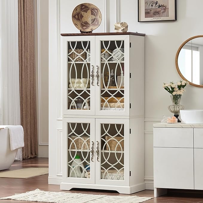 67" Tall Bookshelf, Vintage Book Shelf with Glass Doors, 5-Tier Wood Bookcase with Adjustable Storage Shelves, Freestanding Rustic Curio Display Cabinet for Living Room, Office, White，2PCS