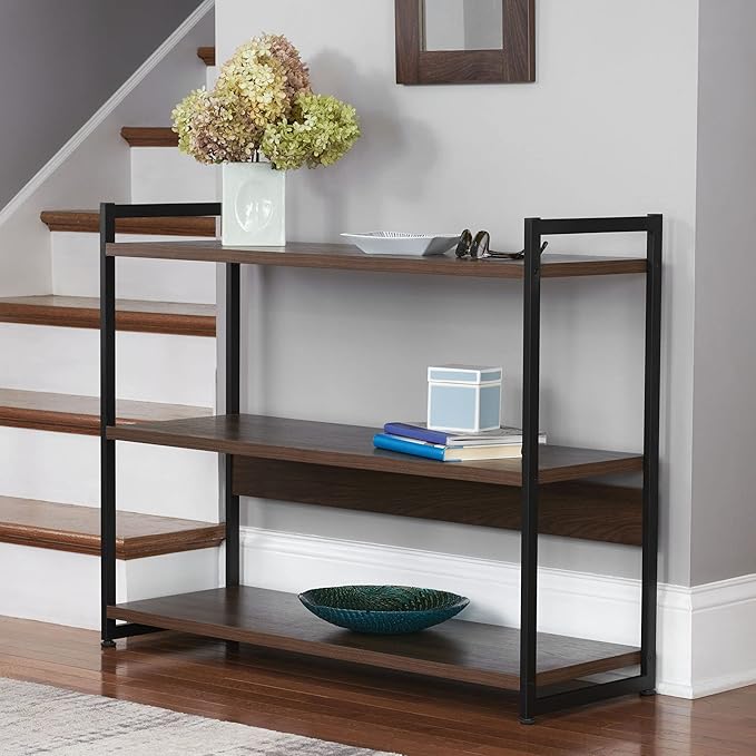 Household Essentials Jamestown Wide 3 Shelf Open Storage Bookshelf Mid Century Walnut Wood Grain and Black Metal