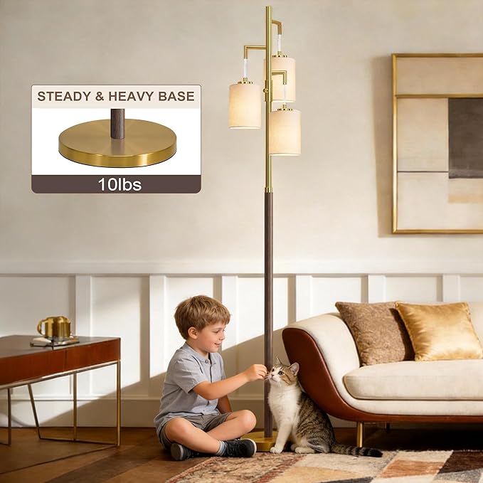 70" Dimmable Floor Lamp Wood Floor Lamps for Living Room Bedroom Mid Century Modern Floor Lamp Gold Standing Lamp Tall Lamps for Office Nursery Reading Elegant Stand Up Lamp, 3 Bulbs Included