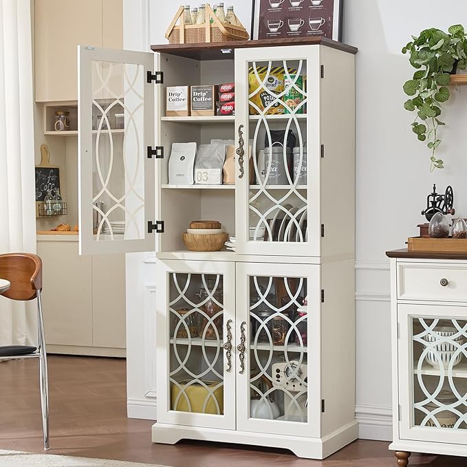 67" Tall Bookshelf Set of 3, Vintage Book Shelf with Glass Doors, 5-tier Wood Bookcase with Adjustable Storage Shelves, Freestanding Rustic Curio Display Cabinet for Living Room, Office, White
