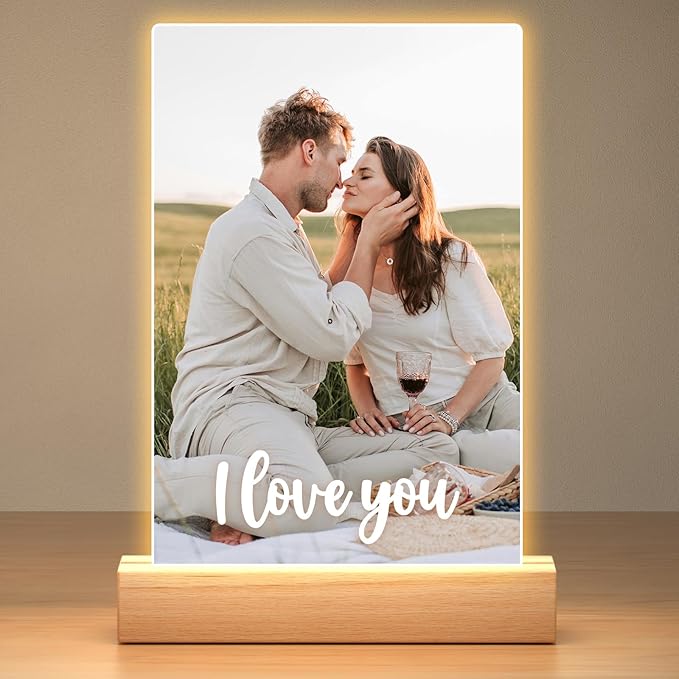 Personalized Picture Frame, Custom Photo Frame with Night Light, Custom Picture Frames, Personalized Anniversary Birthday Gifts for Women Men Her Him Girlfriend Boyfriend Couple