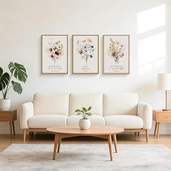 Ausril Boho Christian Floral Scripture Wall Art Set of 3, Bible Verse Flower Painting, Religious wildflower Artwork for Living Room, Bedroom, Fireplace, Modern Botanical for Home Decor- 24"X36"